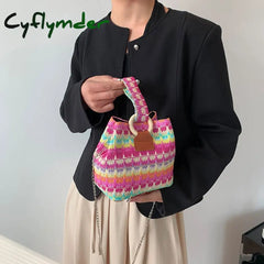Cyflymder Women Retro Weave Bucket Messenger Bag For New Trend Colorful Ethnic Style Female
