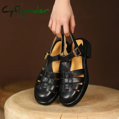 Cyflymder Women Sandals Retro Genuine Leather Luxury Roman Casual Buckle Strap Summer Shoes