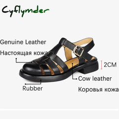 Cyflymder Women Sandals Retro Genuine Leather Luxury Roman Casual Buckle Strap Summer Shoes