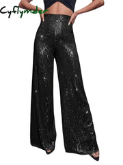 Cyflymder Women Sequin Flare Pants Sparkly High Waist Wide Leg Bell-bottom Trousers Slim Party Club Shiny Pants Clubwear