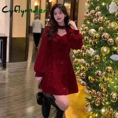Cyflymder Women Sequins Long Sleeve Wram Vintage Dress Red Velvet Elegant Party Mini Ladies Casual