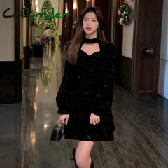 Cyflymder Women Sequins Long Sleeve Wram Vintage Dress Red Velvet Elegant Party Mini Ladies Casual