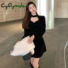 Cyflymder Women Sequins Long Sleeve Wram Vintage Dress Red Velvet Elegant Party Mini Ladies Casual