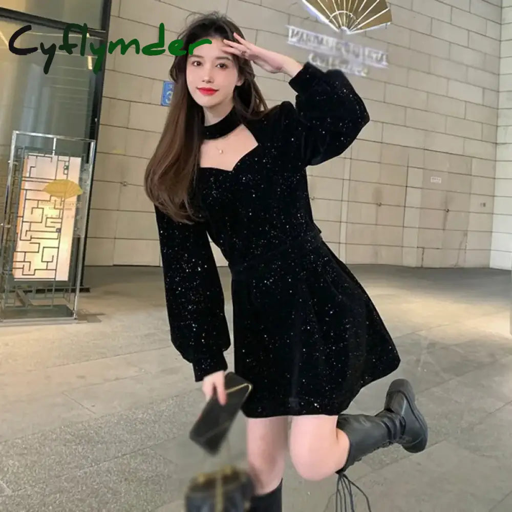 Women Sequins Long Sleeve Wram Vintage Dress Red Velvet Elegant Party Mini Dress Ladies Casual Korean A-line Dress New Year