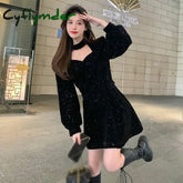 Women Sequins Long Sleeve Wram Vintage Dress Red Velvet Elegant Party Mini Dress Ladies Casual Korean A-line Dress New Year