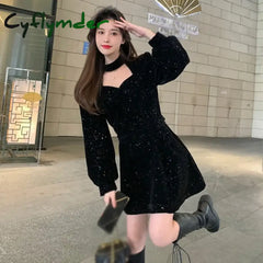 Women Sequins Long Sleeve Wram Vintage Dress Red Velvet Elegant Party Mini Dress Ladies Casual Korean A-line Dress New Year