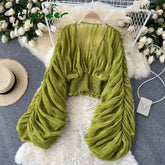 Cyflymder Women Sexy Chiffon Short Blouse Female See Through Super Long Sleeve Blusas