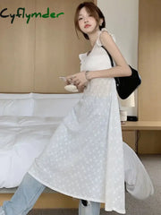 Cyflymder Women Sexy Hollow Out Lace Dresses Chic Solid Bandage Design Mid-Calf Summer Simple Cross