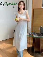 Cyflymder Women Sexy Hollow Out Lace Dresses Chic Solid Bandage Design Mid-Calf Summer Simple Cross