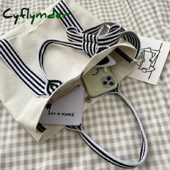 Cyflymder Women Shoulder Bags Bow Tote Bag Ladies Designer Large Capacity Canvas Striped Strap Ins