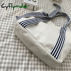 Cyflymder Women Shoulder Bags Bow Tote Bag Ladies Designer Large Capacity Canvas Striped Strap Ins