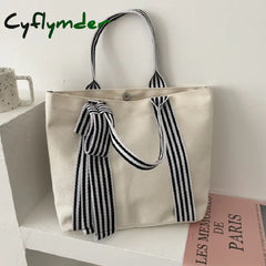 Cyflymder Women Shoulder Bags Bow Tote Bag Ladies Designer Large Capacity Canvas Striped Strap Ins