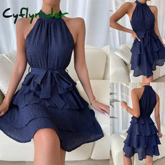 Cyflymder Women Soild Ruffle Design Dress Halter Neck Casual Sweet Style Grace Sleeveless Summer