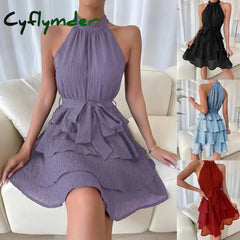 Cyflymder Women Soild Ruffle Design Dress Halter Neck Casual Sweet Style Grace Sleeveless Summer