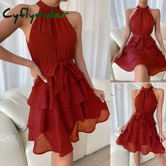 Cyflymder Women Soild Ruffle Design Dress Halter Neck Casual Sweet Style Grace Sleeveless Summer