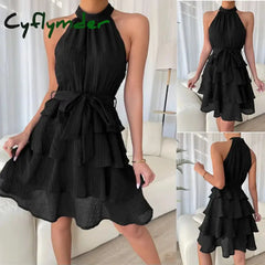 Cyflymder Women Soild Ruffle Design Dress Halter Neck Casual Sweet Style Grace Sleeveless Summer
