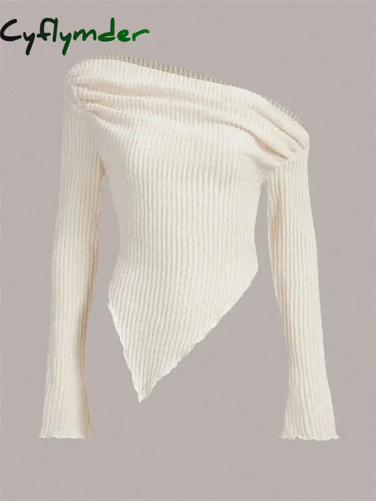 Cyflymder Women Solid Autumn Winter Grunge Asymmetrical Neck Rib-knit Tee Strapless Blouse Long Sleeve Casual Sweater