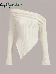 Cyflymder Women Solid Autumn Winter Grunge Asymmetrical Neck Rib-knit Tee Strapless Blouse Long Sleeve Casual Sweater