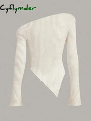 Cyflymder Women Solid Autumn Winter Grunge Asymmetrical Neck Rib-knit Tee Strapless Blouse Long Sleeve Casual Sweater