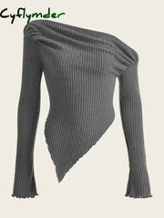 Cyflymder Women Solid Autumn Winter Grunge Asymmetrical Neck Rib-knit Tee Strapless Blouse Long Sleeve Casual Sweater