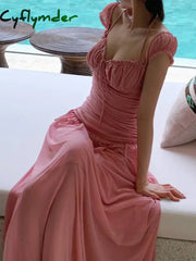 Cyflymder Women Solid Chic Casual Party Dress Sleeveless Vintage A-Line Elegant Prom Birthday Clothes Female Wedding