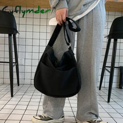 Cyflymder Women Solid Color Canvas Bag Women’s Black White Messenger Magnetic Buckle Student One