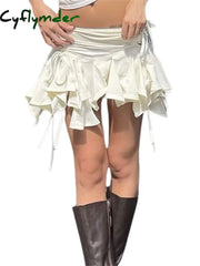 Cyflymder Women Solid Color Gothic Punk Irregular Skirts Summer Fashion Drawstring Tie-Up Ruched