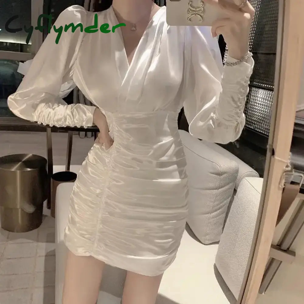 French Satin Package Hip Dress Female Solid Color Short Dresses Ladies V-neck Slim Vestidos