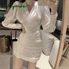 French Satin Package Hip Dress Female Solid Color Short Dresses Ladies V-neck Slim Vestidos