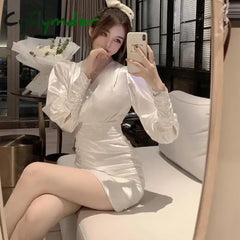 Cyflymder Women Spring Autumn New French Satin Package Hip Dress Female Solid Color Short Dresses