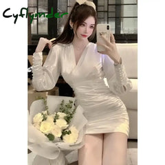 Cyflymder Women Spring Autumn New French Satin Package Hip Dress Female Solid Color Short Dresses