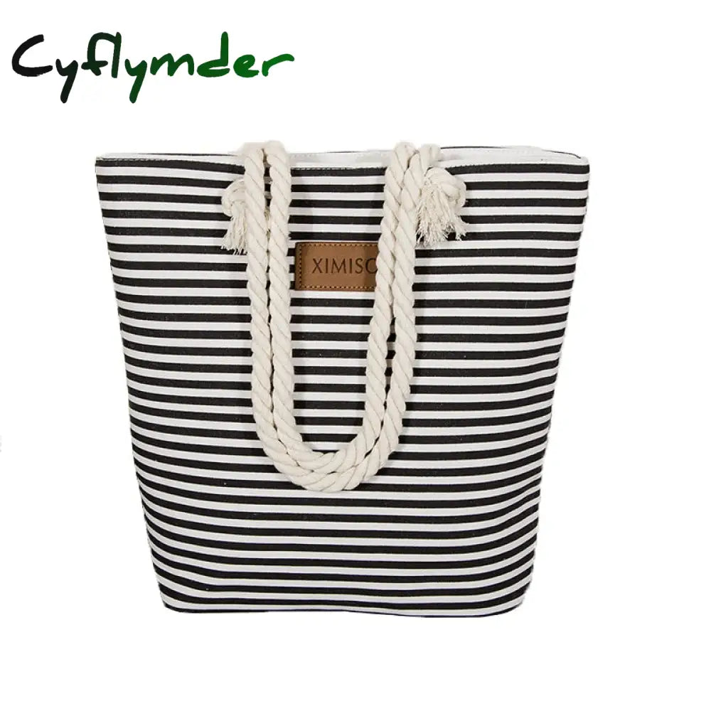 Cyflymder Women Stripes Canvas Beach Bag Large Capacity Female Zipper Shoulder Ladies Polyester