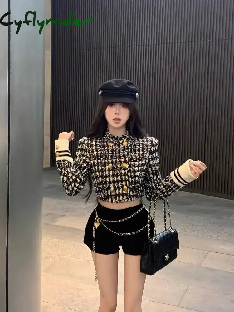 Cyflymder Women Suit Autumn/Winter New Small Fragrant Style Plaid Long Sleeve Slim Short Coat High Waist Wrap Hip