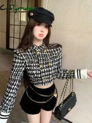 Cyflymder Women Suit Autumn/Winter New Small Fragrant Style Plaid Long Sleeve Slim Short Coat High Waist Wrap Hip