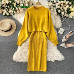 Cyflymder Women Sweater Midi Dress Set Casual Pullovers Suits Autumn Winter O-Neck Long Sleeve