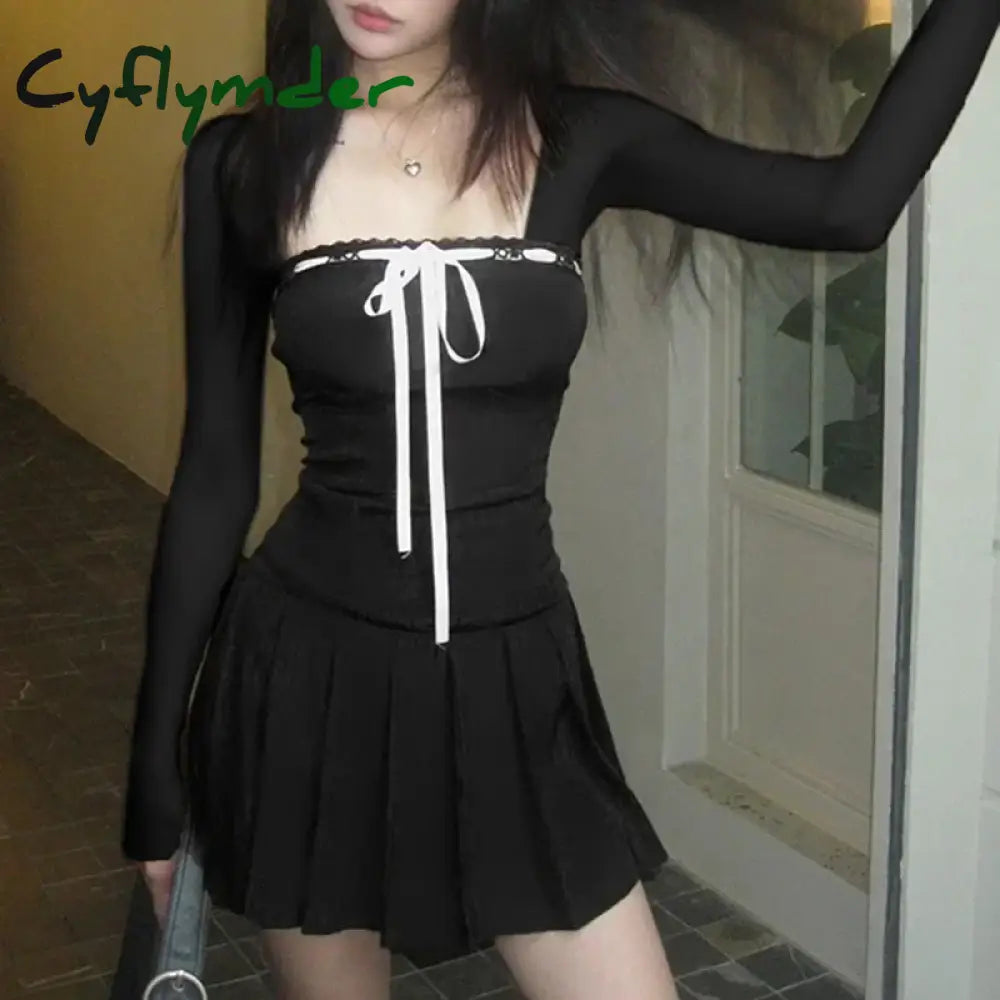 Cyflymder Women Sweet Lace Trim Bow Pleated Dress Mini Coquette Korean Fashion Square Neck Autumn Dress Clothes Kawaii