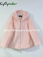 Cyflymder Women Sweet Pink Fur Coats Female Winter Thick Warm Streetwears Korean Hooded Fashion
