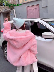 Cyflymder Women Sweet Pink Fur Coats Female Winter Thick Warm Streetwears Korean Hooded Fashion