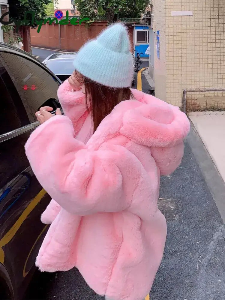 Cyflymder Women Sweet Pink Fur Coats Female Winter Thick Warm Streetwears Korean Hooded Fashion