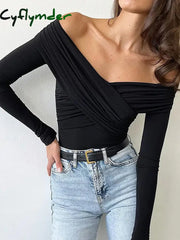 Cyflymder Women T-shirts Sexy and Club Fashion Female T-shirt Long Sleeve off Shoulder Solid Color Lady Tshirt Autumn