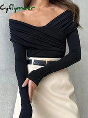 Cyflymder Women T-shirts Sexy and Club Fashion Female T-shirt Long Sleeve off Shoulder Solid Color Lady Tshirt Autumn