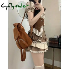 Cyflymder Women Three Piece Set with Retro and Fashionable Temperament Striped Shirt Vest High Waist Design Sense