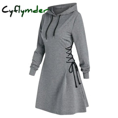 Cyflymder Women Tie Waist Mini Dress Hoodies V Neck Long Sleeves Slim Fit Hoodies Sweatshirts Ladies Fashion Long Solid