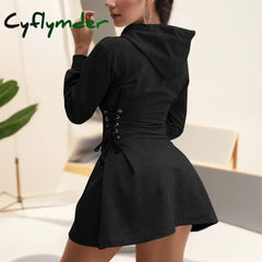 Cyflymder Women Tie Waist Mini Dress Hoodies V Neck Long Sleeves Slim Fit Hoodies Sweatshirts Ladies Fashion Long Solid