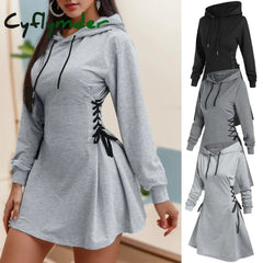 Cyflymder Women Tie Waist Mini Dress Hoodies V Neck Long Sleeves Slim Fit Hoodies Sweatshirts Ladies Fashion Long Solid