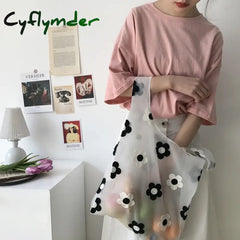 Women Transparent Tote Double Organza Yarn Cloth Bags Embroidery Flowers Handbag High Quality Eco Shopping Bag Purses For Girls