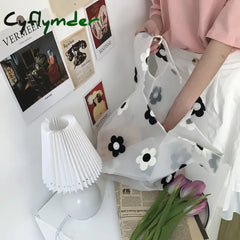 Cyflymder Women Transparent Tote Double Organza Yarn Cloth Bags Embroidery Flowers Handbag High