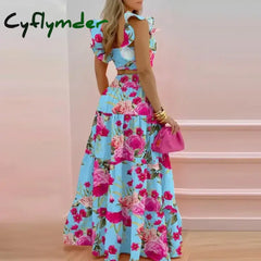 Cyflymder Women Two Piece Set Solid Beach Bohemian Long Skirt Strapless Crop Top Cascanding Ruffles