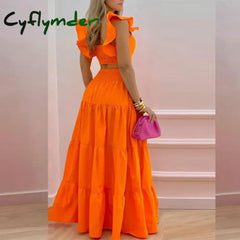 Cyflymder Women Two Piece Set Solid Beach Bohemian Long Skirt Strapless Crop Top Cascanding Ruffles