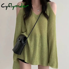 Cyflymder Women V-Neck Off Shoulder Hollow Out Sweater Loose Long Sleeve Knit Thin Jumpers